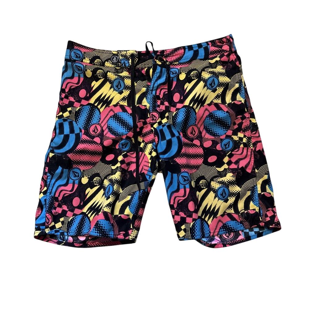 Volcom Men's Board Shorts Size 34 Neon Abstract Geometric Swim Trunks Surf